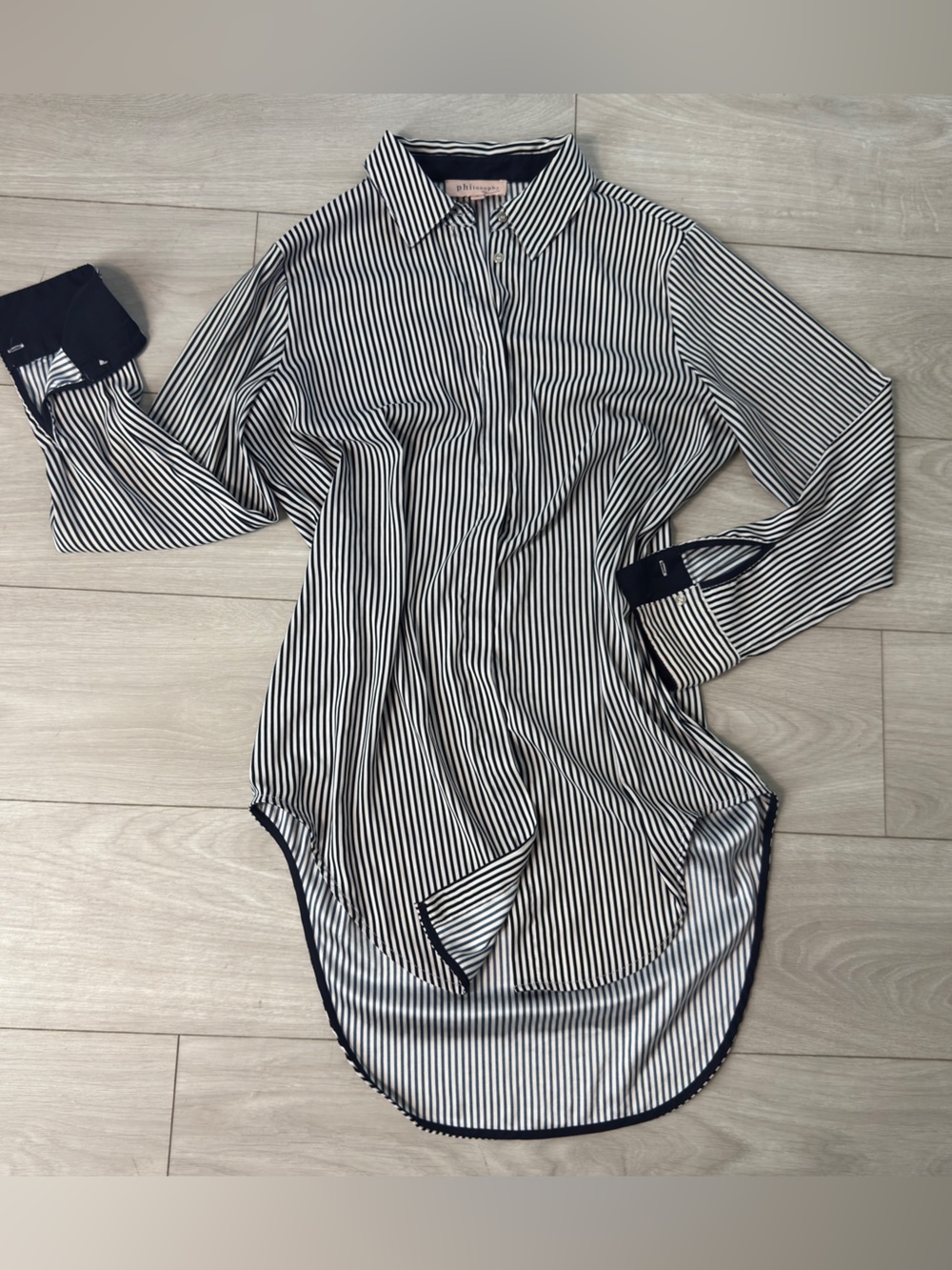 Philosophy Navy White Striped Hi Low Button Down Tunic Top M
